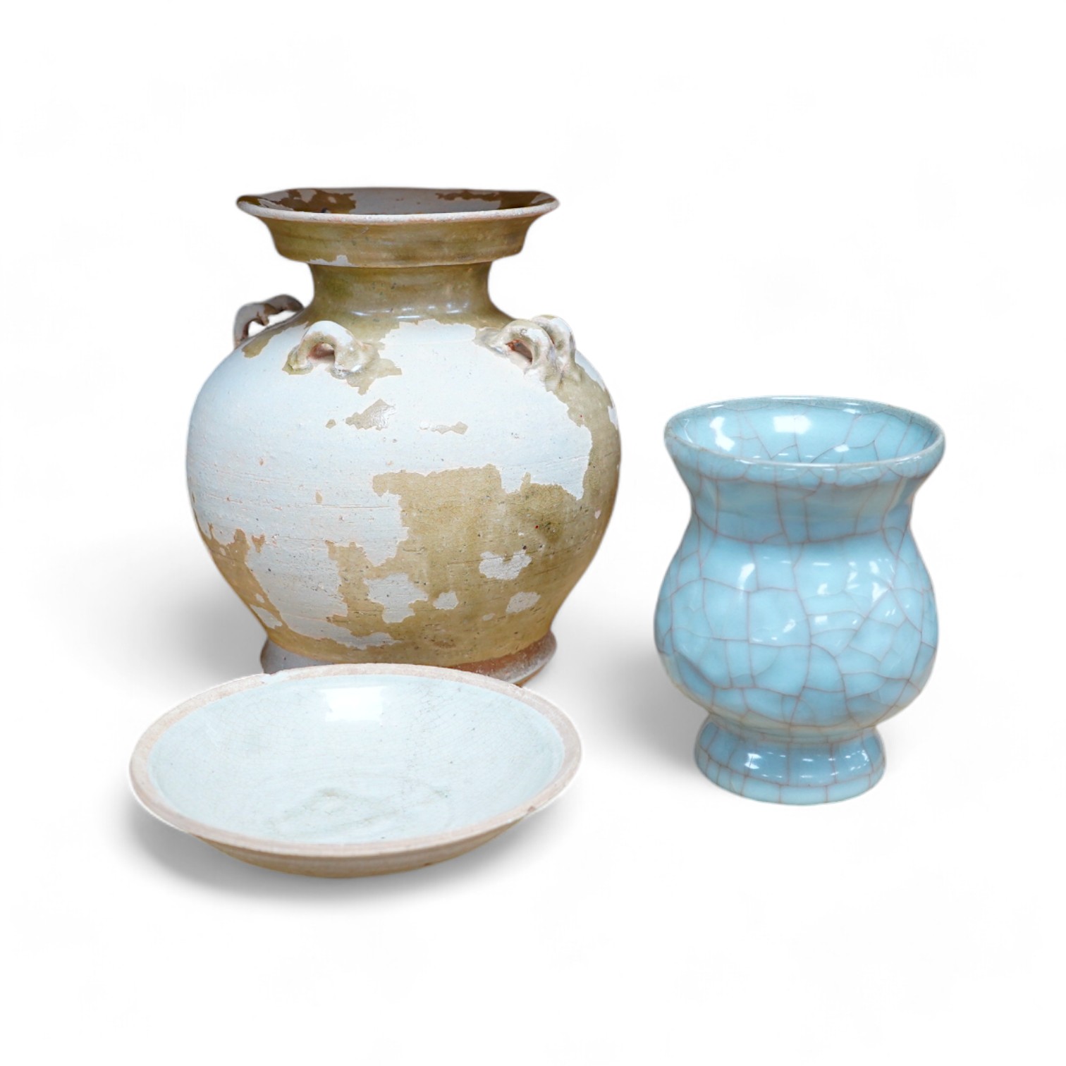 A Chinese celadon, crackle glazed vase, another Chinese vase and a Japanese dish, tallest 20cm. Condition - fair to good